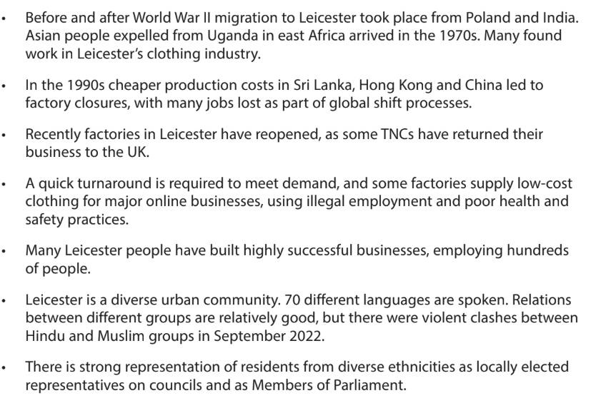 Text listing Leicester's migration history, factory shifts, illegal employment, diversity, recent ethnic tensions, and local political representation.