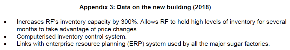 Appendix 3 outlines data on a new building from 2018, highlighting increased inventory capacity, a computerised control system, and ERP system links.