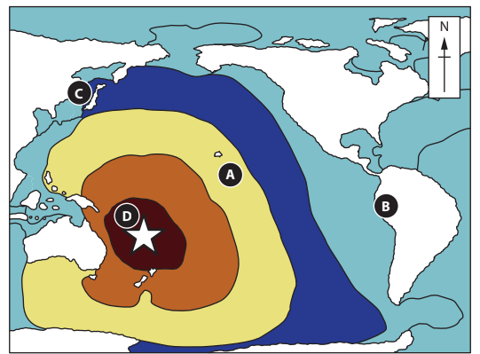 Map of the Atlantic Ocean with coloured zones, labelled A to D. Zone D has a star in the centre. Points B and C mark locations on land.