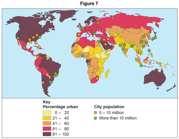 World map depicting urbanisation percentage and city population, using colour gradients for urbanisation and dots for city size. Key included for reference.