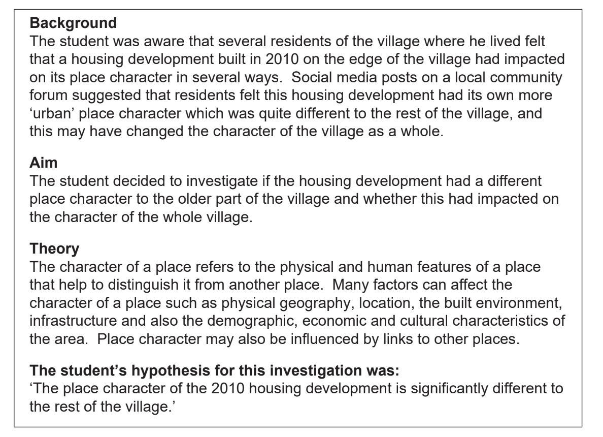 Student project analysing a 2010 housing development's impact on village character, with hypothesis stating a difference from the rest of the village.