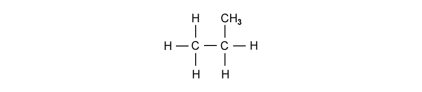 Structural formula of ethane showing two carbon atoms bonded together, with three hydrogen atoms attached to each carbon atom.