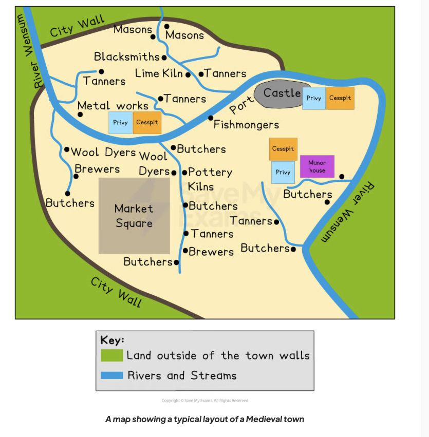 Map of a typical medieval town layout showing city walls, river, market square, castle, various trades like butchers and tanners, and labelled privies.