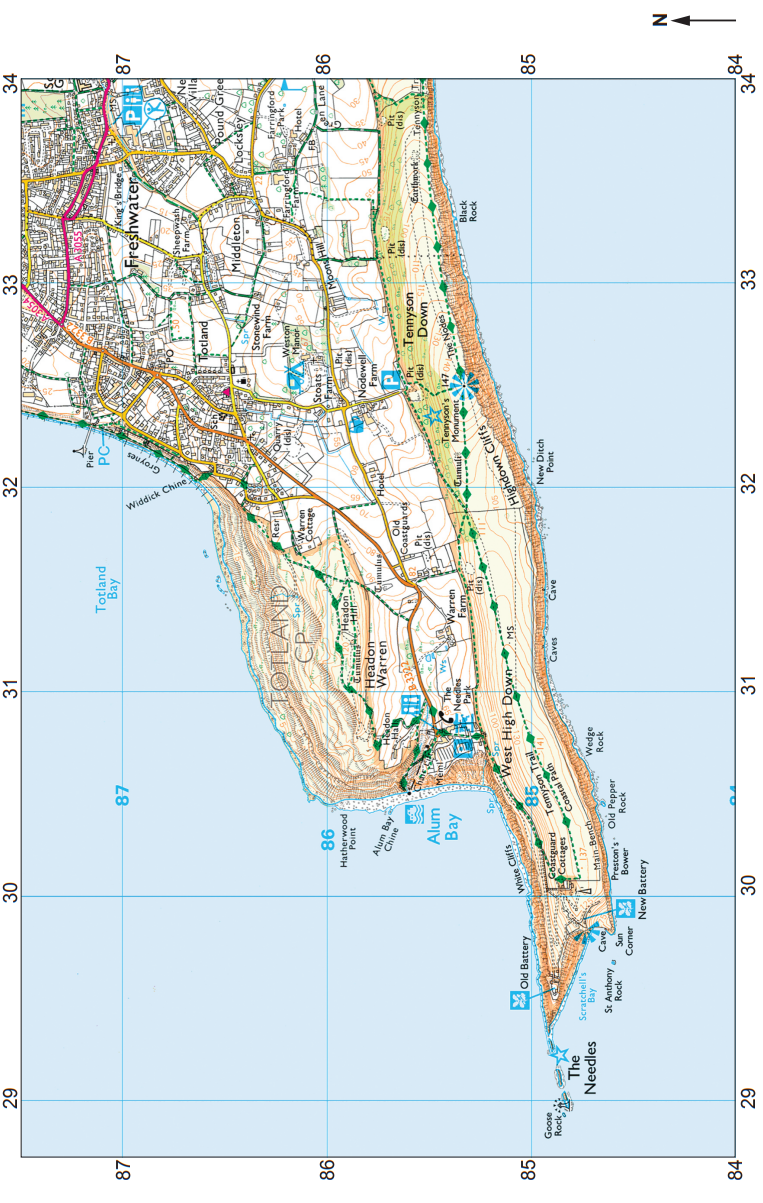 Map of Freshwater, Isle of Wight, showing roads, footpaths, and landmarks like Tennyson Down and The Needles, with topographical contours.
