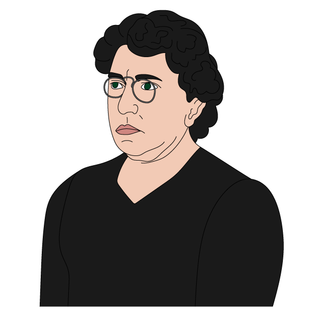 A black-and-white portrait of a woman with glasses, resting her chin on her hand, wearing a dark, long-sleeved dress, and looking contemplative.