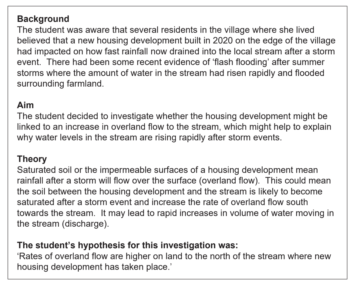 Text discussing a student's investigation on how a 2020 housing development affects stormwater flow into a local stream, causing rapid water level rises.