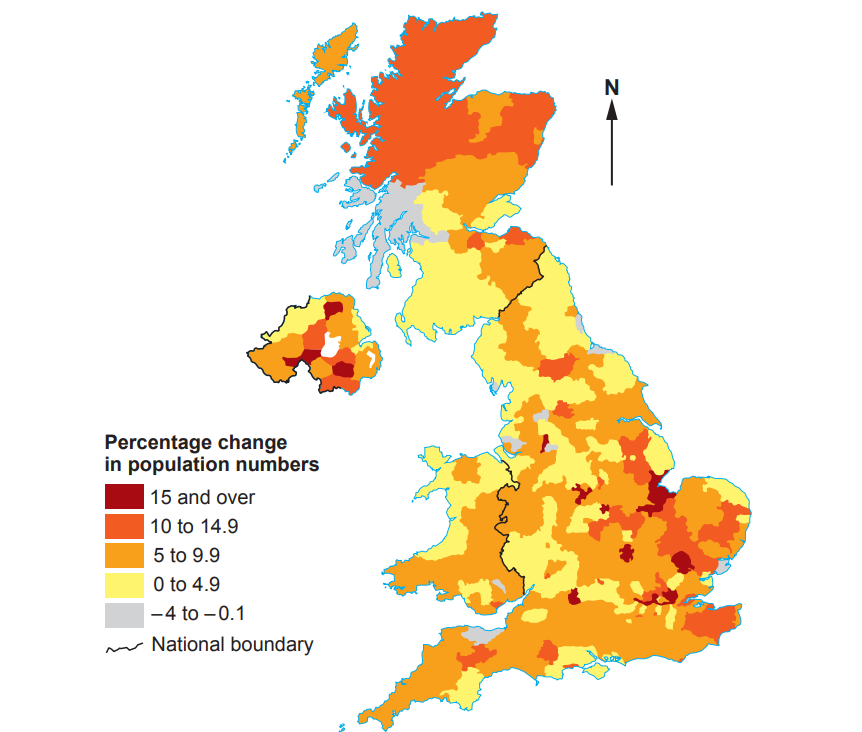 Map of UK showing population change by colour: red for 15%+, orange for 10-14.9%, yellow for 5-9.9%, light yellow for 0-4.9%, grey for reduction.