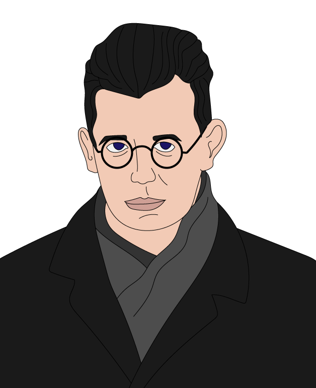 Young man with glasses and slicked-back hair, wearing a trench coat and chequered scarf, looking directly at the camera in a vintage monochrome portrait.