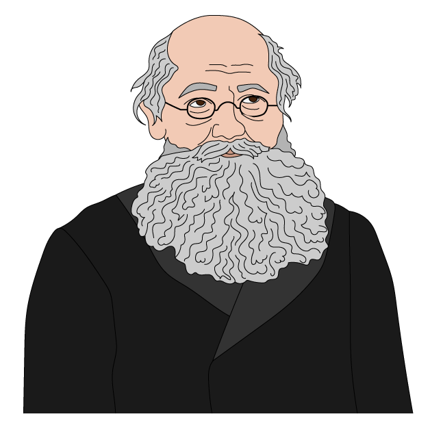 Elderly man with glasses and a long, bushy beard, dressed in a dark suit, looking forward with a soft, neutral expression against a plain background.