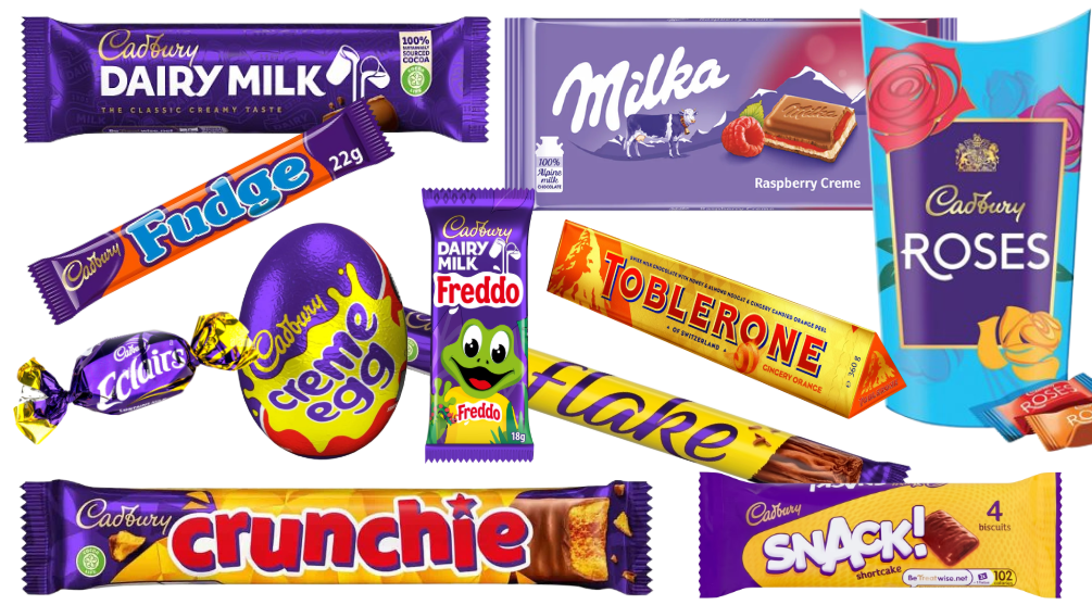 Assorted chocolate and confectionery products, including Cadbury Dairy Milk, Fudge, Creme Egg, Eclairs, Roses, Toblerone, Milka, Flake, Crunchie, Freddo, and Snack.