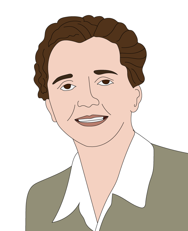 Illustration of a smiling person with short brown hair, wearing a white collared shirt and a grey-green jacket. The background is plain white.