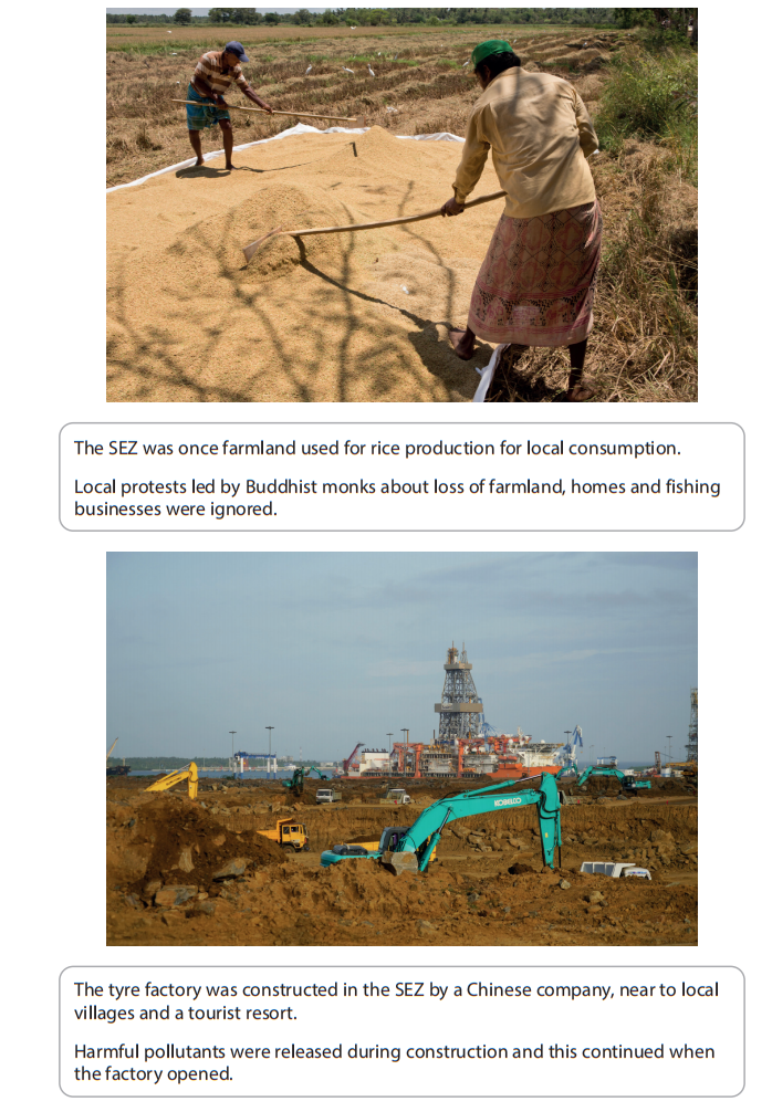 Top: Two people drying rice on a field. Bottom: Large construction site with machinery, distant factory complex; text about SEZ impacts below each image.