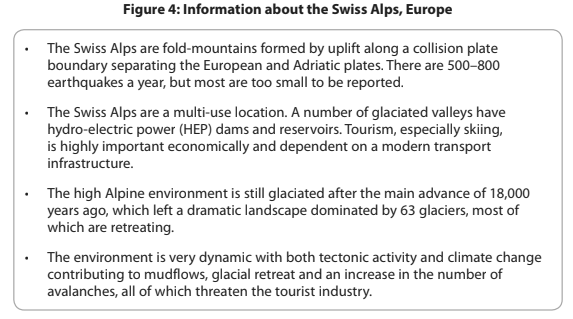 The image is an information box about the Swiss Alps, detailing their geology, multi-use for hydroelectric power and tourism, glaciation, and environmental challenges.