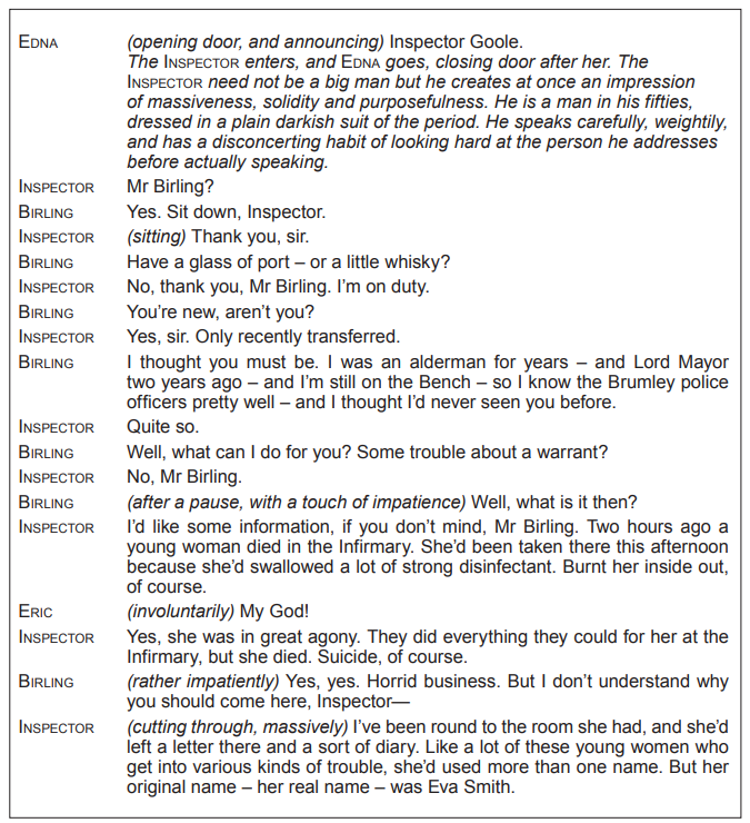 A dialogue excerpt from a play featuring Inspector Goole and Mr Birling, discussing the death of a young woman named Eva Smith.