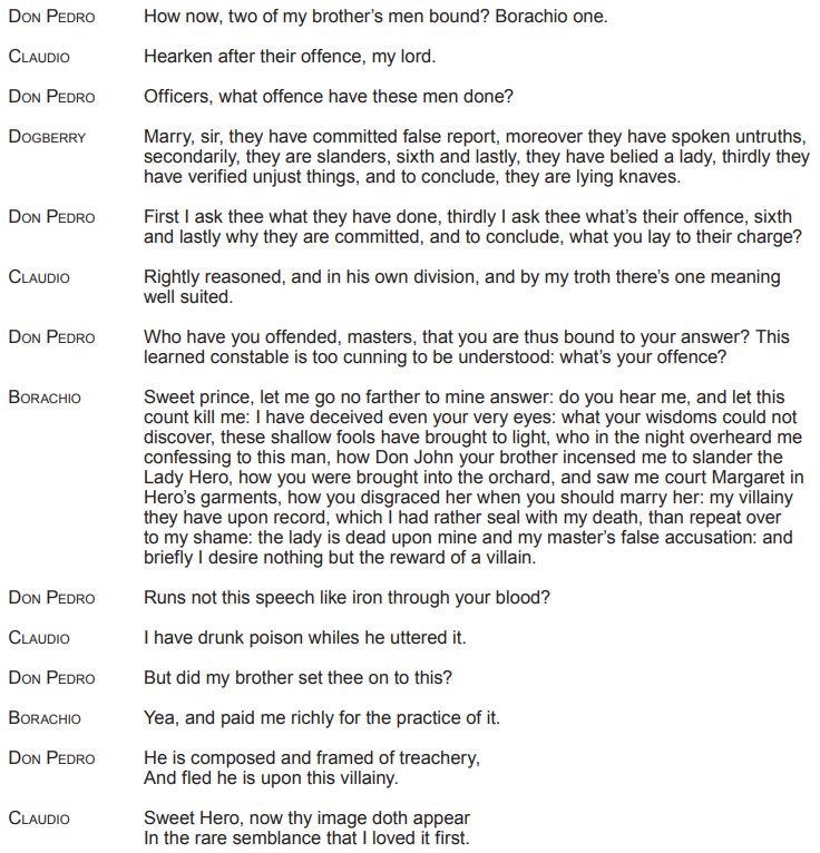 Scene from Shakespeare's "Much Ado About Nothing" with dialogue between Don Pedro, Claudio, Dogberry, and Borachio discussing deceit and false accusations.