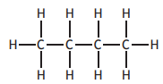 Structural formula of butane, showing a chain of four carbon atoms each bonded to hydrogen atoms.
