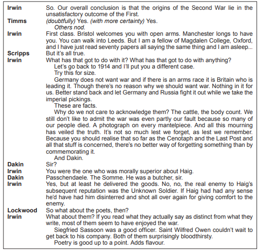 A dialogue between characters Irwin, Timms, Scripps, Dakin, and Lockwood discussing World War history, moral superiority, and poetry's role in adding depth.
