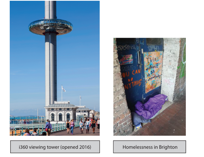 Left image: i360 observation tower in Brighton with people walking nearby. Right image: Graffiti-covered doorway with a sleeping bag, depicting homelessness.