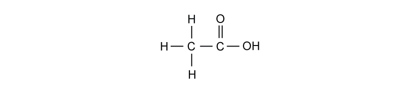 Chemical structure of acetic acid showing carbon, hydrogen, and oxygen atoms with single and double bonds.