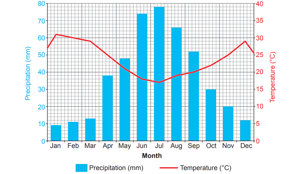 Graph showing average monthly precipitation with blue bars and temperature with a red line. Rain peaks in July; temps peak in July and dip in January.
