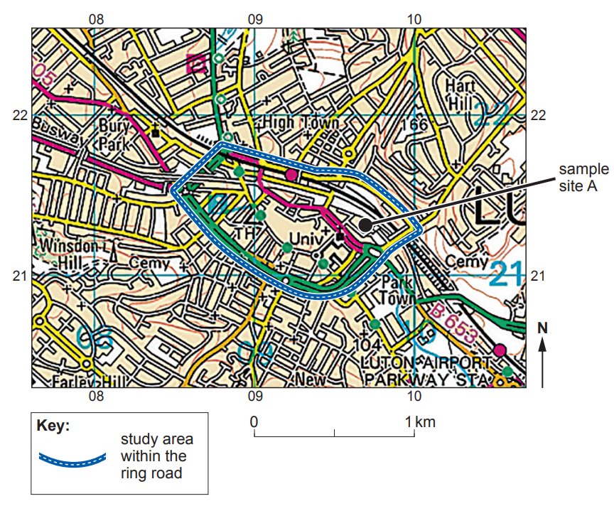 Map of central area with ring road outlined in blue, labelled sample site A, nearby landmarks include University and a cemetery at grid section 21.