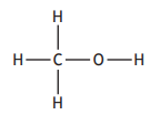 Structural formula of methanol showing a central carbon atom bonded to an oxygen atom and three hydrogen atoms, with another hydrogen bonded to oxygen.