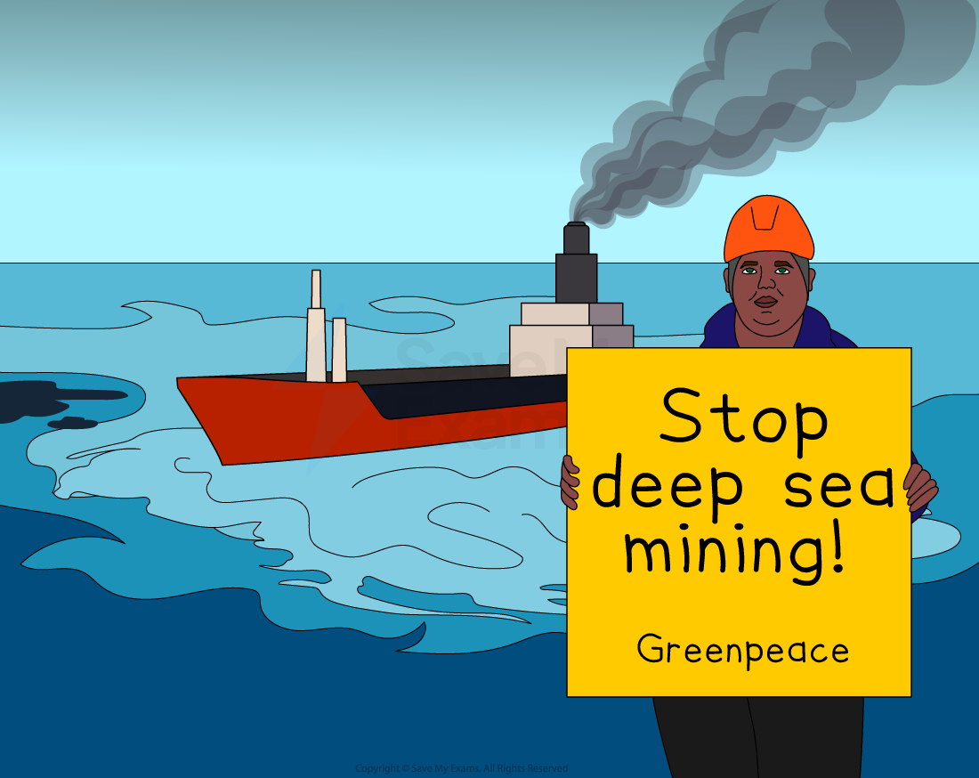 A protester in a life jacket holds a sign reading "Stop Deep Sea Mining! Greenpeace" at sea, with a large ship in the background.