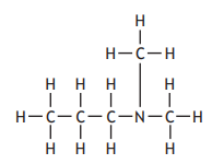 Chemical structure of ethylamine, showing nitrogen bonded to an ethyl group and a hydrogen atom, with all bonds and atoms labelled.