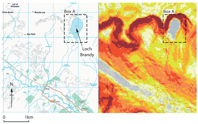A split image showing a blue-toned topographic map of Loch Brandy area (left) and a colourful terrain heatmap (right) with both highlighting Box A.