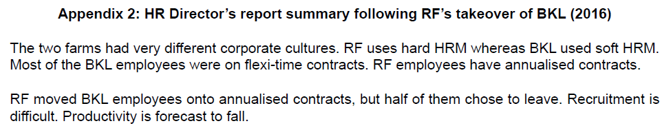 Summary of HR Director's report: RF's takeover of BKL led to a clash of management styles, contract changes, employee departures, and productivity concerns.