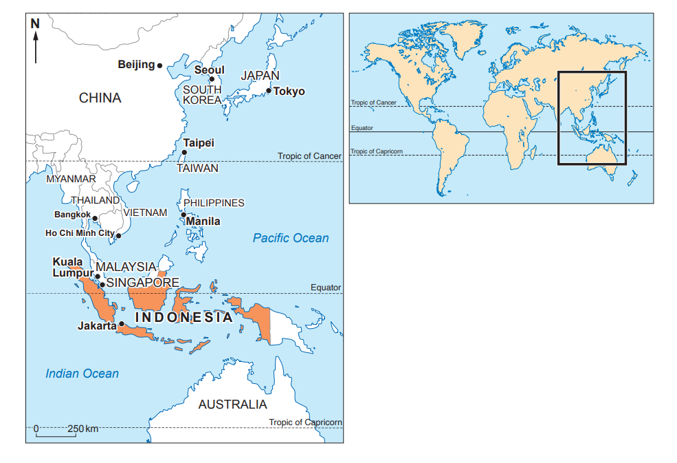 Map of Southeast Asia with major cities and countries labelled, highlighting Indonesia. Inset shows location on a global map within the tropics.