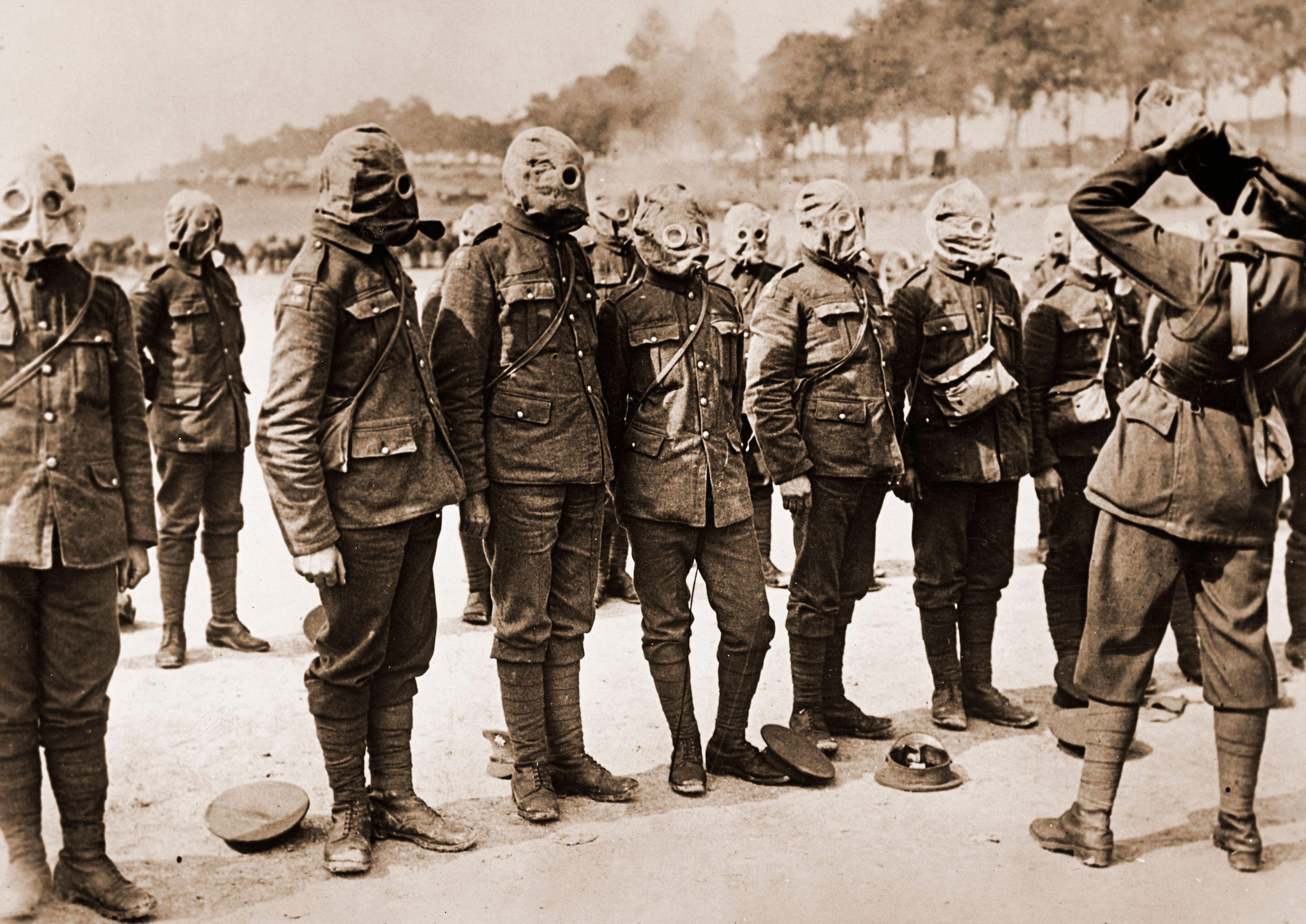 Soldiers from the Great War wearing gas masks