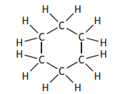 Chemical structure of cyclohexane, a hexagonal ring with alternating carbon (C) and hydrogen (H) atoms attached, forming a six-sided shape.