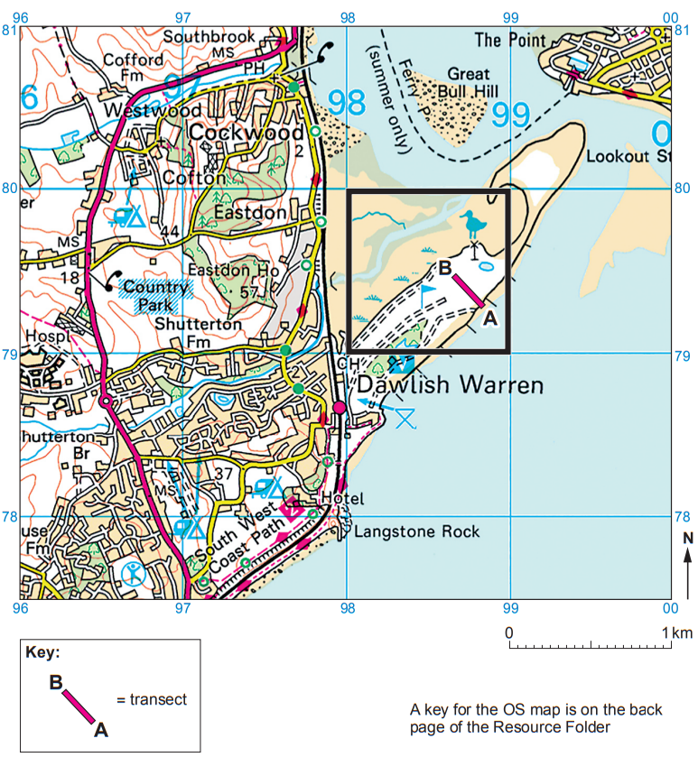 Ordnance Survey map of Dawlish Warren, featuring landmarks, roads, contour lines, and a highlighted transect from point A to B.