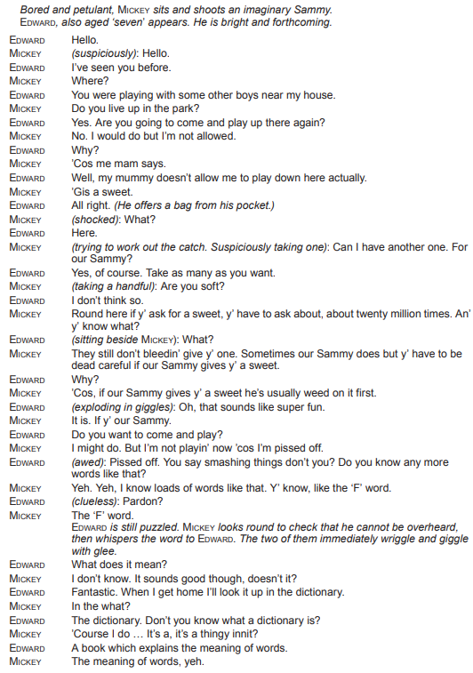 Script excerpt depicting a dialogue between Edward and Mickey discussing sweets, playtime, and learning new words, highlighting their different backgrounds and personalities.