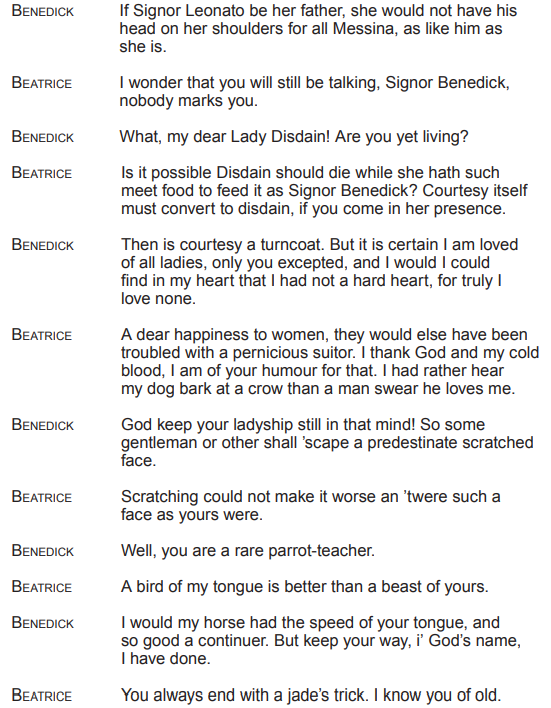 Text excerpt from a play featuring a witty exchange between characters Beatrice and Benedick, filled with sarcasm and clever wordplay.