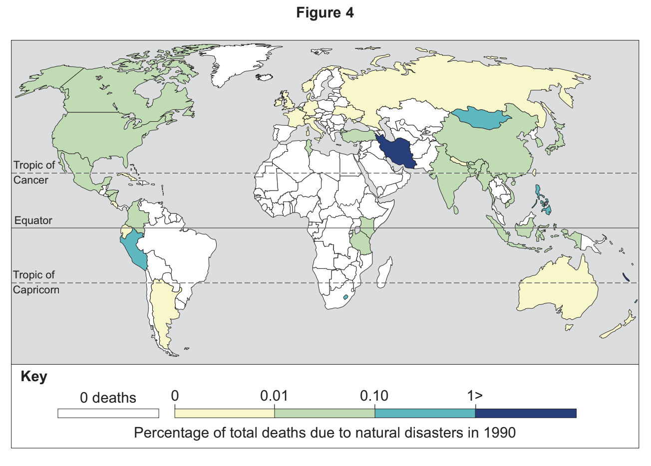 World map displaying percentage of deaths from natural disasters in 1990, using shades from light green to dark blue; darker indicating higher percentages.