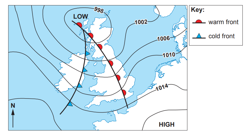 Weather map of the UK showing a low-pressure system with isobars, warm and cold fronts. Warm front crosses Ireland and Britain; cold front over Wales.