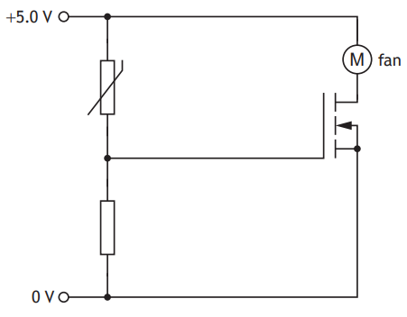 Circuit diagram showing a transistor, a fan motor labelled 'M', a switch, and two resistors connected to a 5V power supply.
