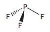 Chemical structure diagram of phosphorus trifluoride, showing a central phosphorus atom bonded to three fluorine atoms with wedge and dash notation.