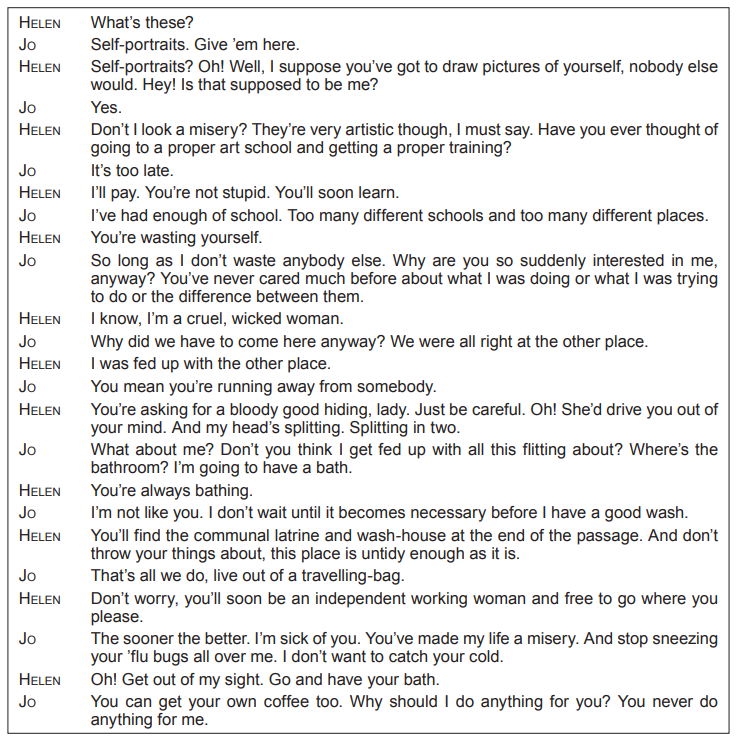 Dialog between two characters, Helen and Jo, discussing self-portraits, art school, and personal issues, highlighting tension and emotional strain.