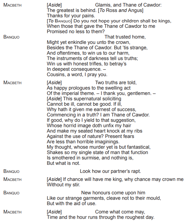 A page from Shakespeare's "Macbeth" displaying dialogue between Macbeth and Banquo, discussing prophecies and their implications, with multiple asides.