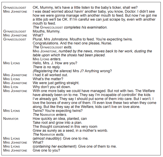 Script excerpt from a play with dialogue between a gynaecologist, Mrs Johnstone, Mrs Lyons, and a narrator. Mrs Johnstone discovers she's expecting twins.