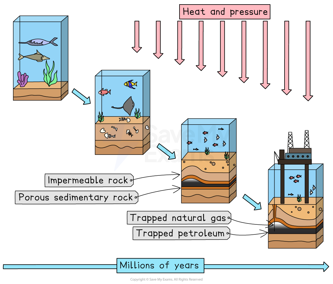 Diagram showing fossil fuel formation from marine life under layers of sediment and rock with heat and pressure over millions of years.