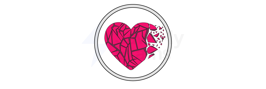 A fragmented pink heart inside a black circle, shattering into small pieces on the right, resembling stained glass.