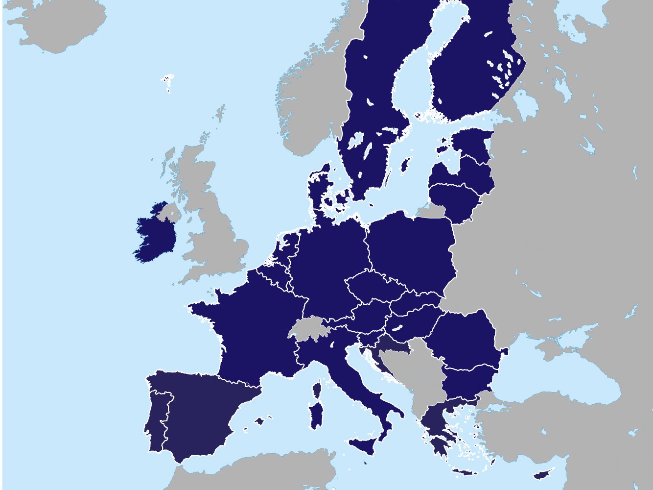 Map of Europe highlighting EU countries in dark blue, non-EU countries in grey, with water bodies in light blue, showing prominent borders.