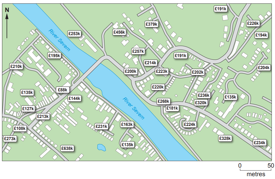 Map depicting property prices along the River Severn, with prices ranging from £88k to £638k, shown in a residential area divided by roads.
