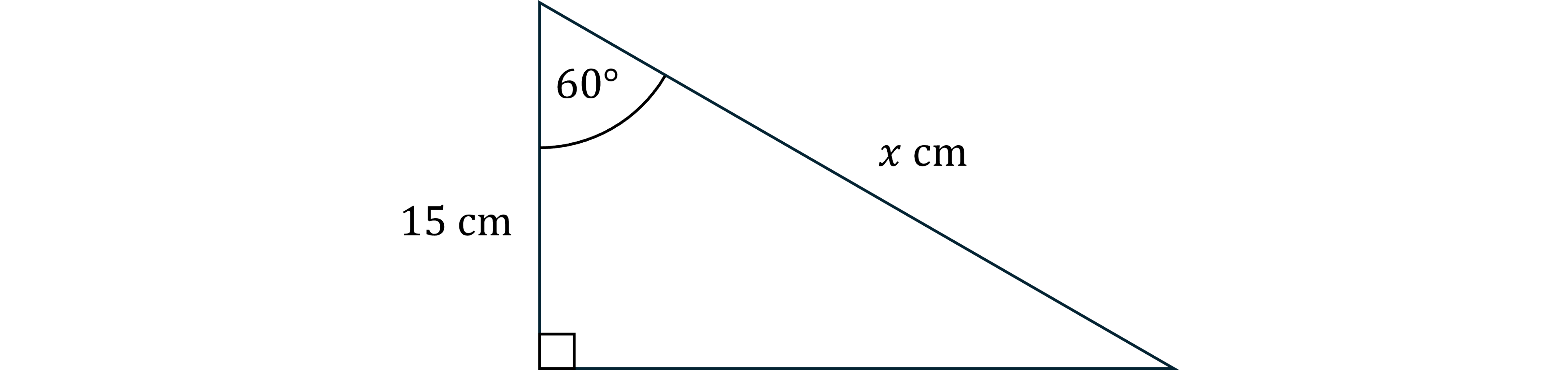 Right triangle with a 60-degree angle, the side adjacent to the 60° angle 15 cm, and hypotenuse labelled as x cm.