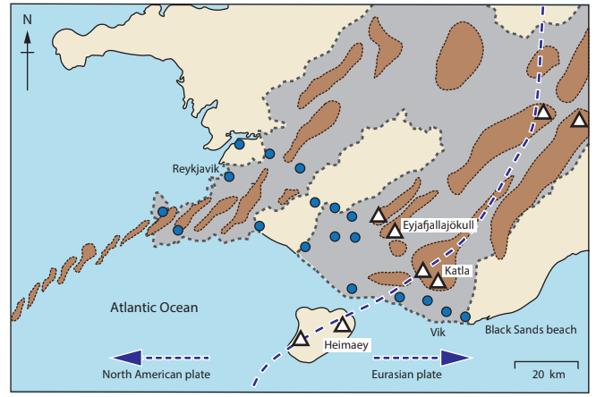 Map of southwestern Iceland shows volcanic regions and tectonic plates. Key locations include Reykjavik, Eyjafjallajökull, and Katla. Geological features marked.