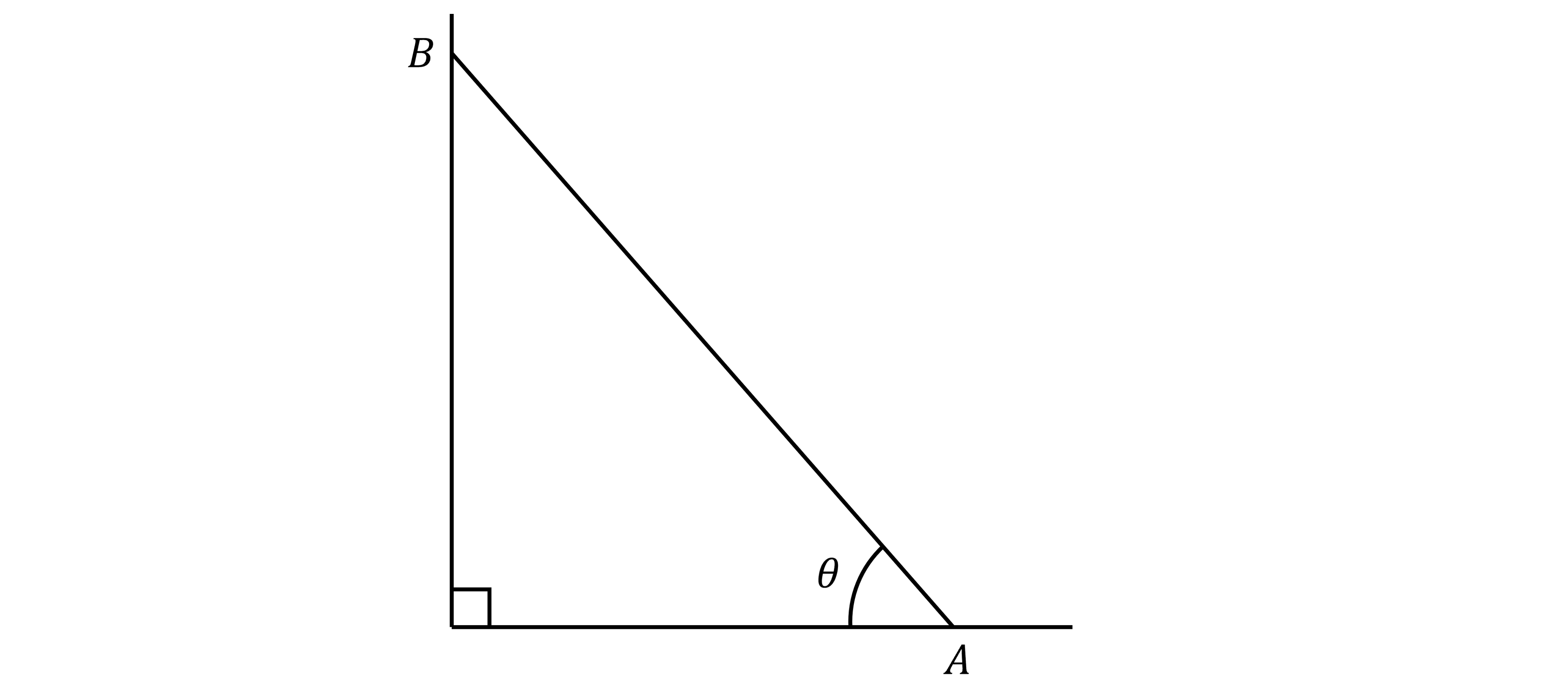 Right-angled triangle with vertices A, B, and an angle θ at vertex A. The right angle is at the bottom left corner.